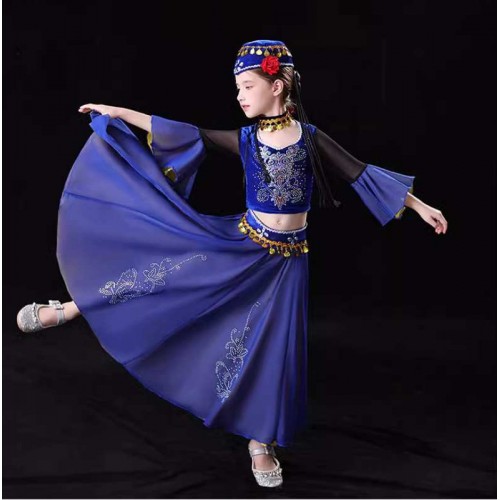 Girls kids Chinese folk xinjiang dance dresses Guli Xinjiang Uyghur dance costume ethnic minority film anime drama cosplay clothes for children